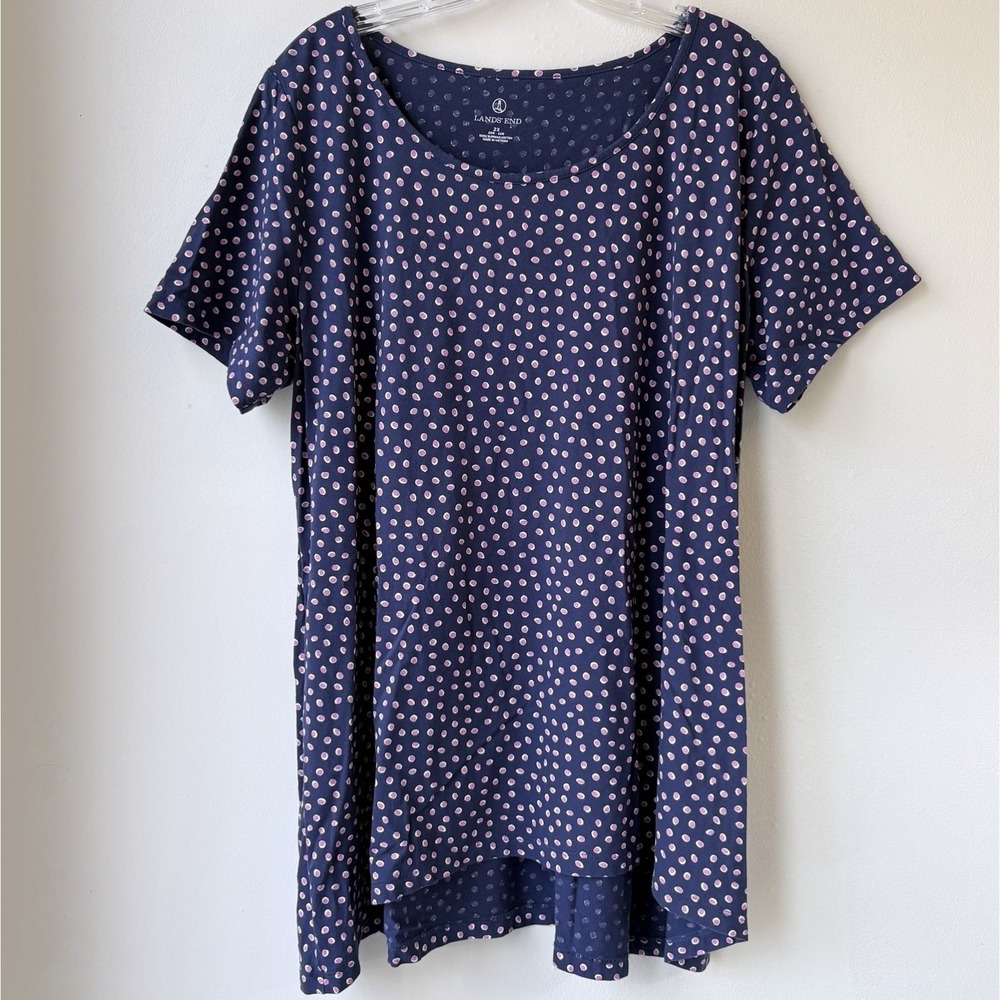 Lands' End Dotted Short Sleeve Top 2X Blue Pink Preppy Casual Beach Travel